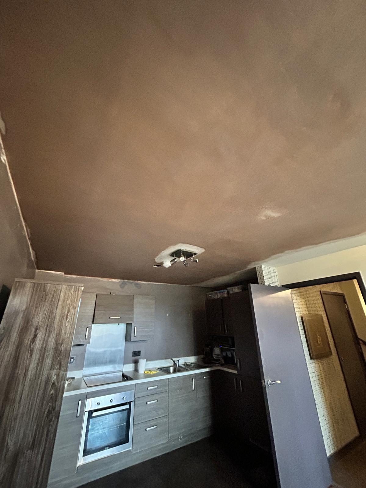 Kitchen with a freshly skimmed, drying pink plaster ceiling